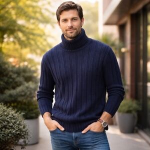 Hugo Boss Men's Navy Turtleneck Heavy-Weight Sweater 100% Virgin Wool Size XXL